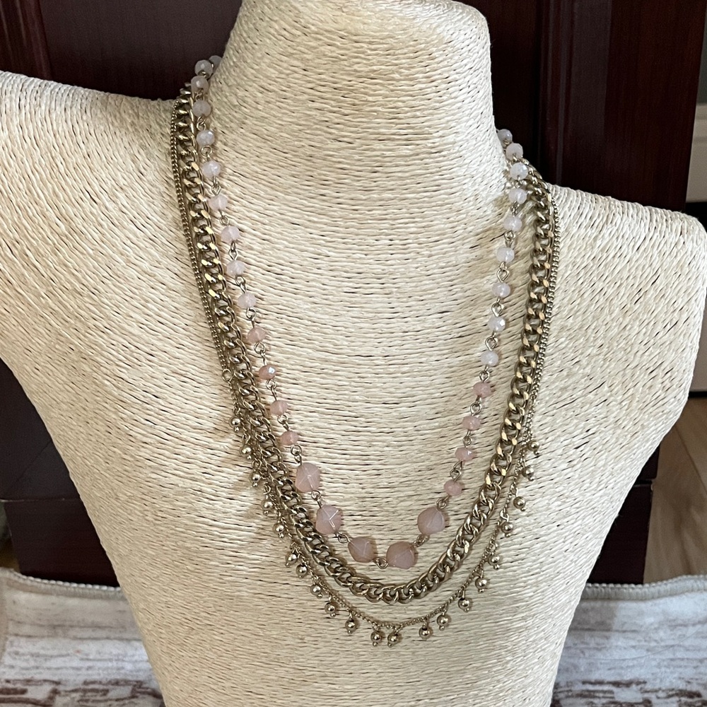 Charming Charlie Pink Bead Multi-Layer Necklace with Gold Chains